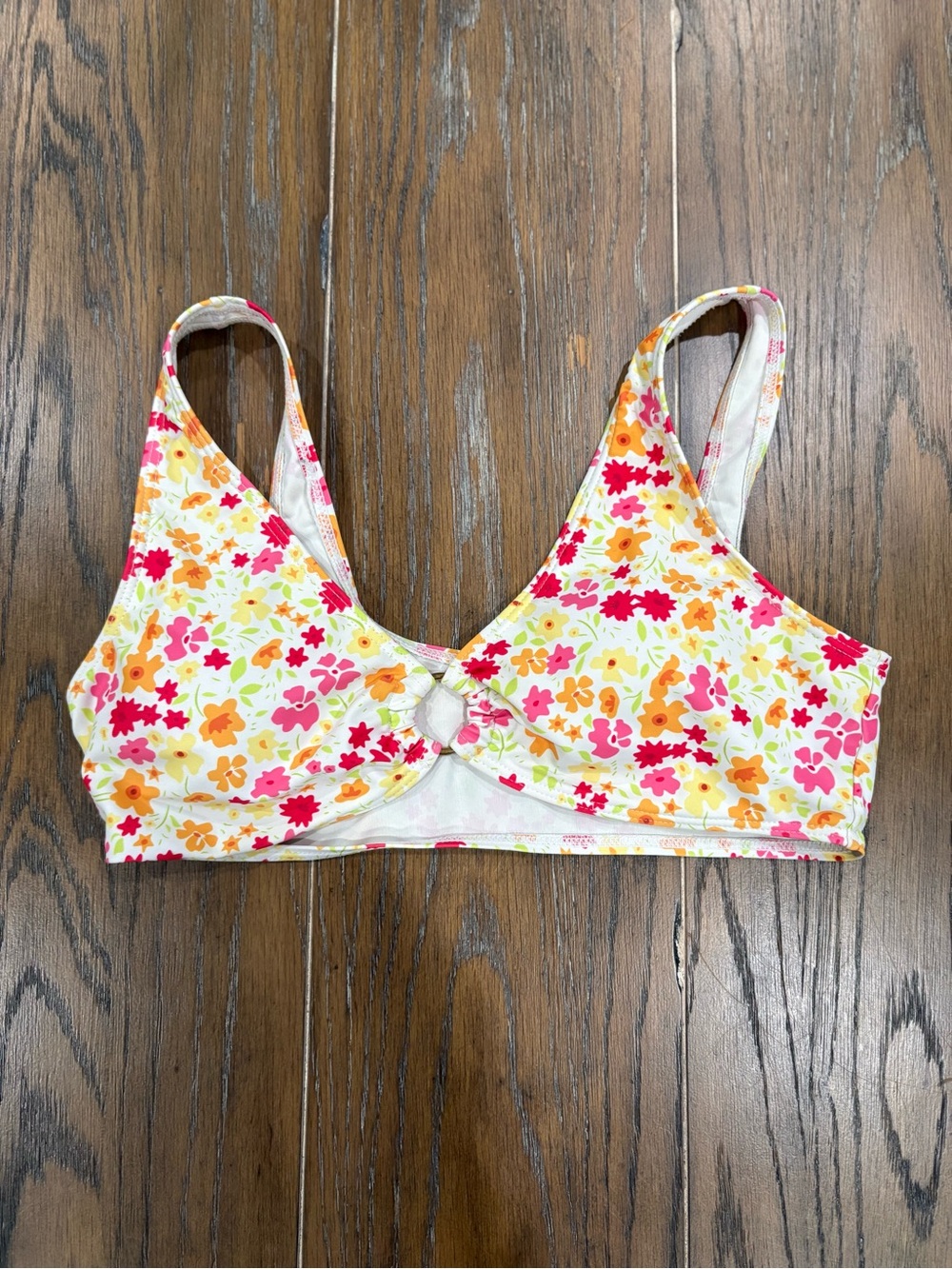 Girls' Floral Ring-Front Bikini Top - White with Pink & Orange Flowers